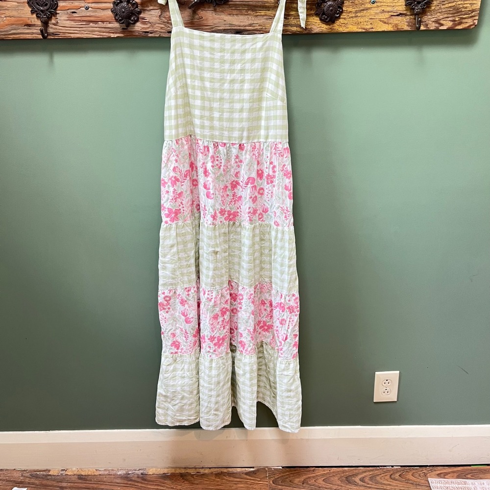 Rachel Zoe Women Green Gingham Pink Floral Tiered Maxi Dress Size 10 Tie‎ Strap